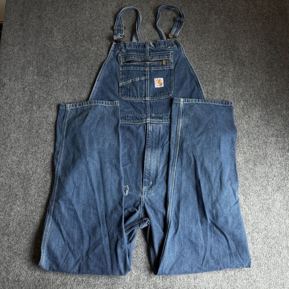 Carhartt Blue Denim Bib Overalls Loose Fit Men’s Construction OR4672-M 36x36